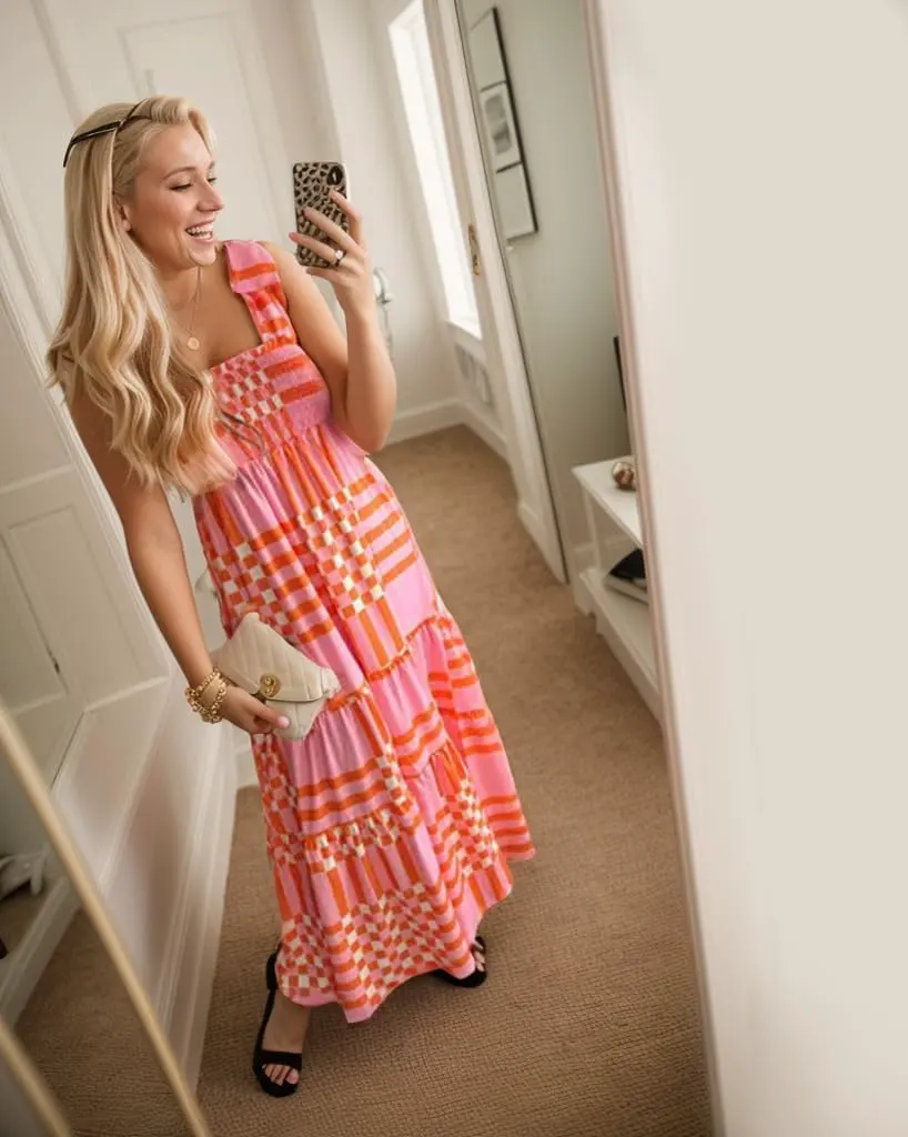 Boho Smocked Maxi Sundress - Tie Strap Square Neck A-Line Flowy Beach Dress with Pockets