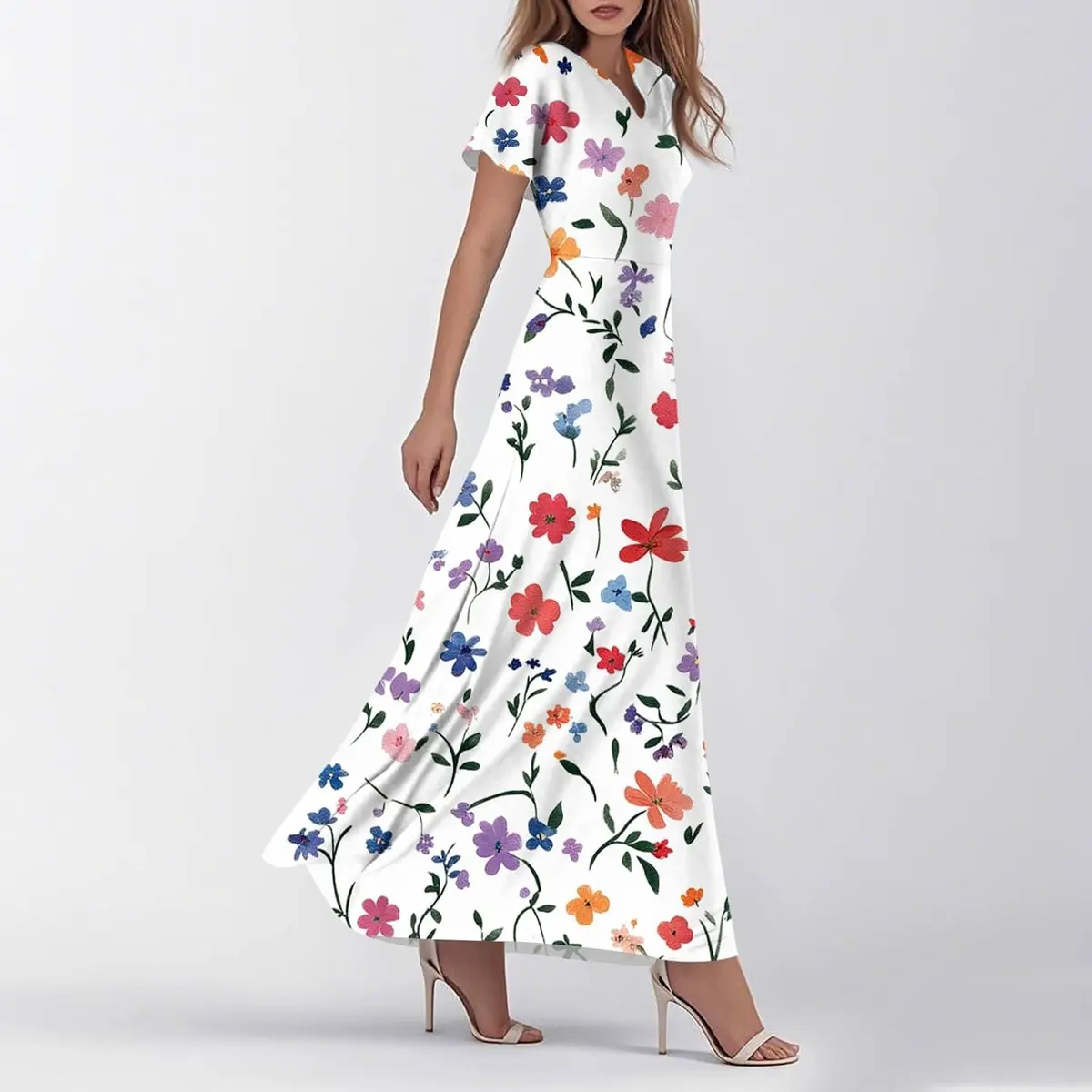 Floral Print Short Sleeve V Neck Swing Maxi Dress