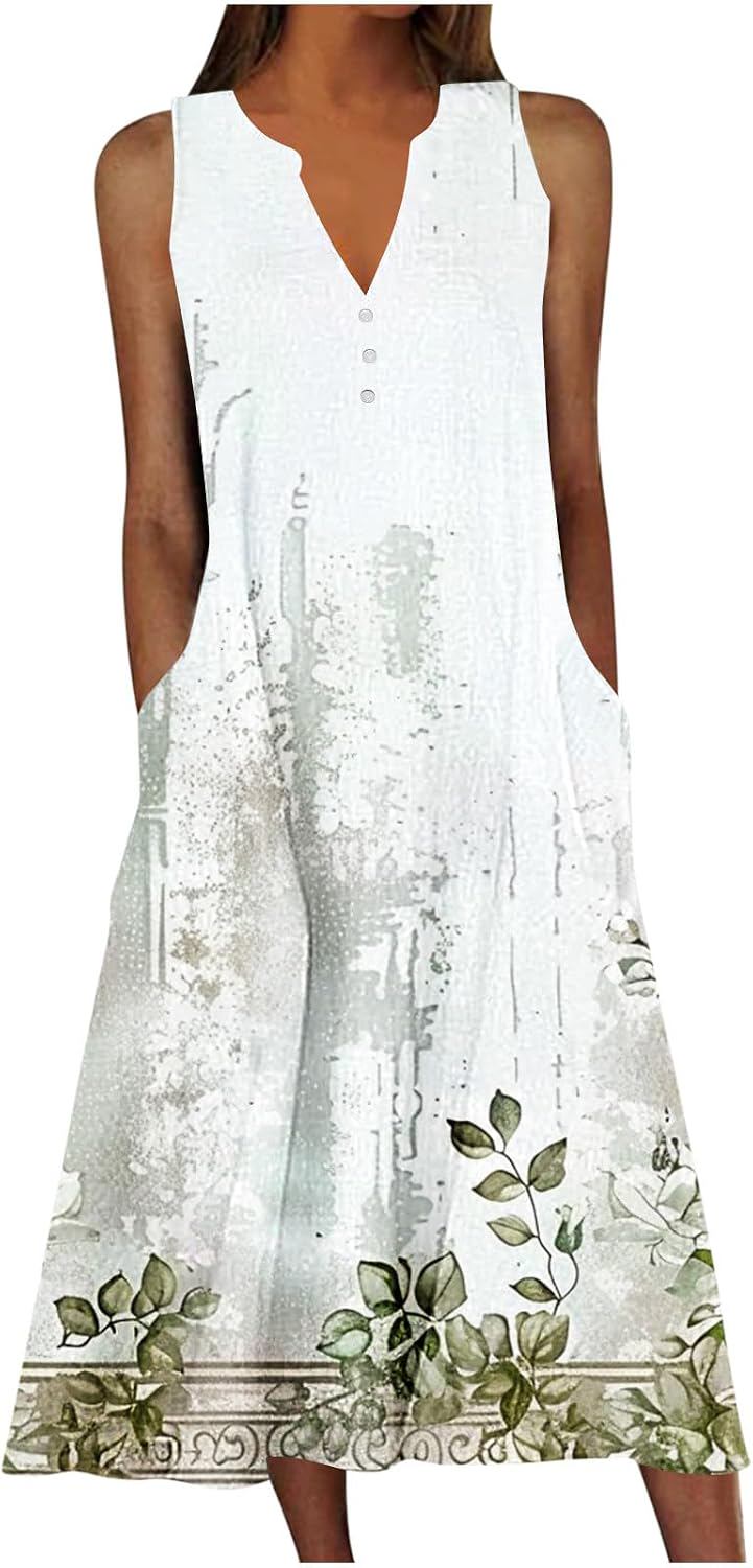 Vintage Floral Print Sleeveless V Neck Button Front Long Dress
