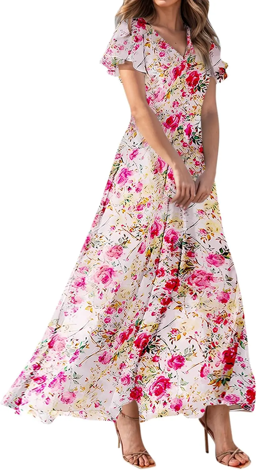 Floral Print Flutter Sleeve V Neck A Line Maxi Dress