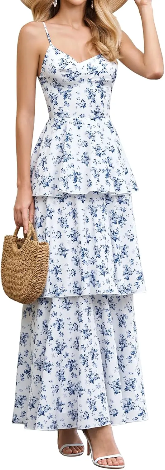 Floral Ruffle Tiered Backless Maxi Wedding Guest Dress