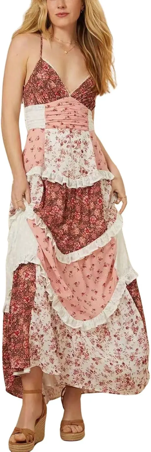 Lace Patchwork Criss Cross Backless Tiered Maxi Dress