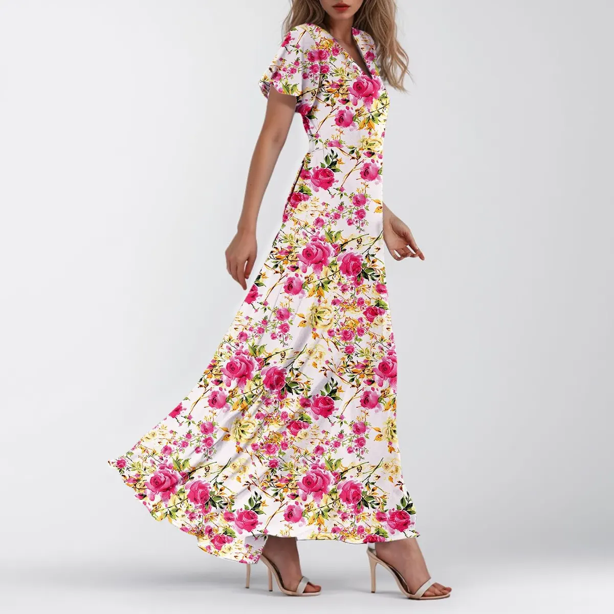 Floral Print Flutter Sleeve V Neck A Line Maxi Dress
