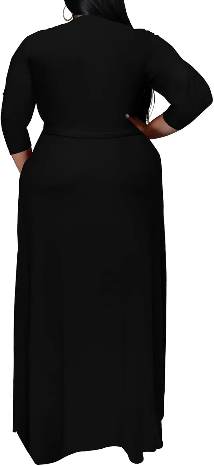 Plus Size Wrap Maxi Dress with Belt and Pockets