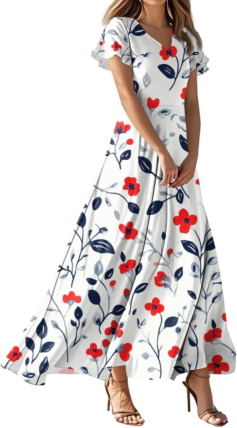 Floral Print Short Sleeve V Neck Flowy Swing Maxi Dress