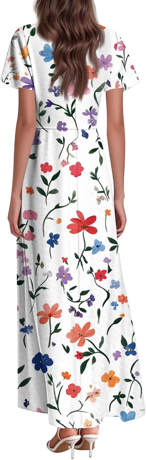 Floral Print Short Sleeve V Neck Flowy Swing Maxi Dress