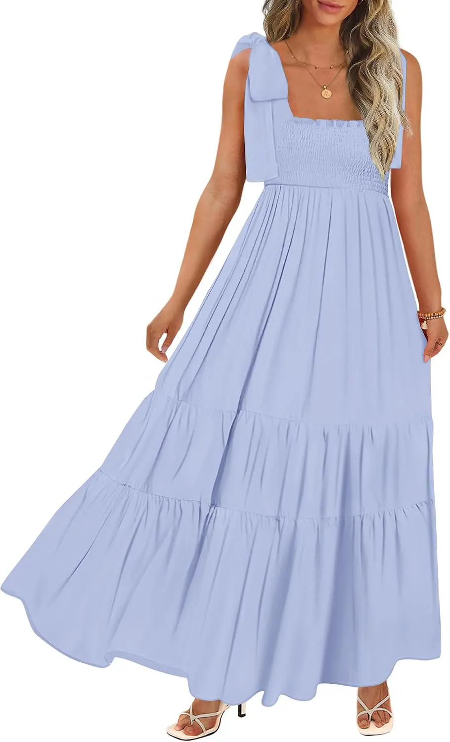 Boho Smocked Square Neck Tie Strap Maxi Sundress with Pockets