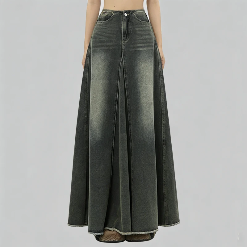 Women's Retro Fashion Dark Gray Denim High Waist Wide Flare Distressed Raw Hem Maxi Casual Streetwear Skirts