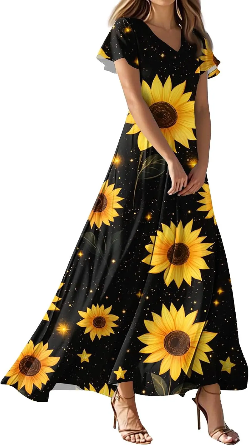 Modest Floral Print Empire Waist Short Sleeve Maxi Dress
