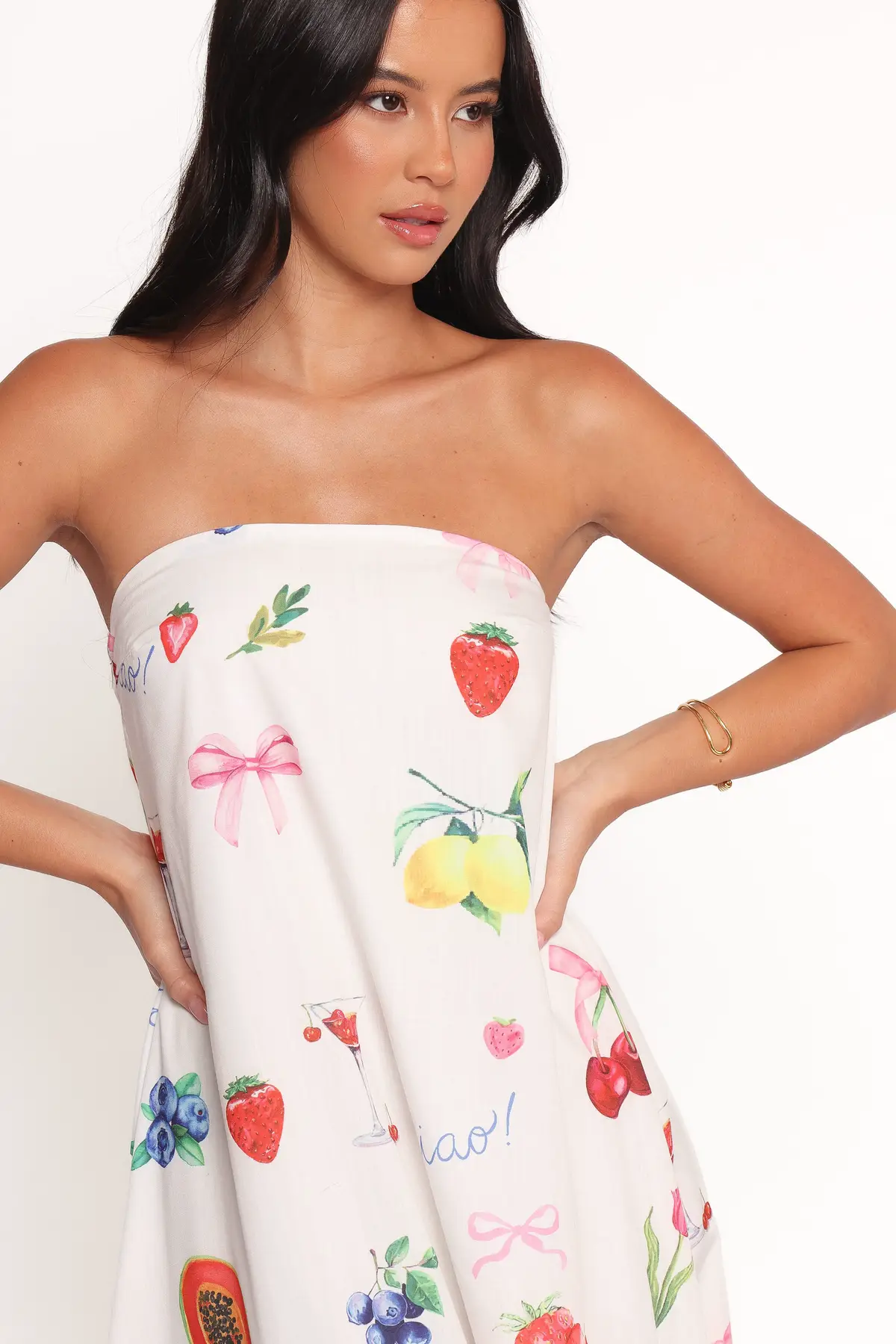 Strapless Bow Print Straight Neck Maxi Dress