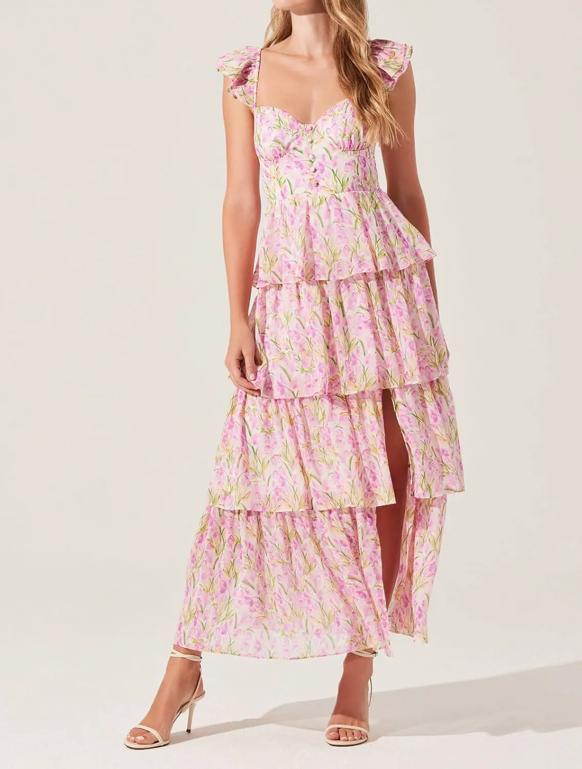 Tie Shoulder Patchwork Tiered Floral Maxi Dress