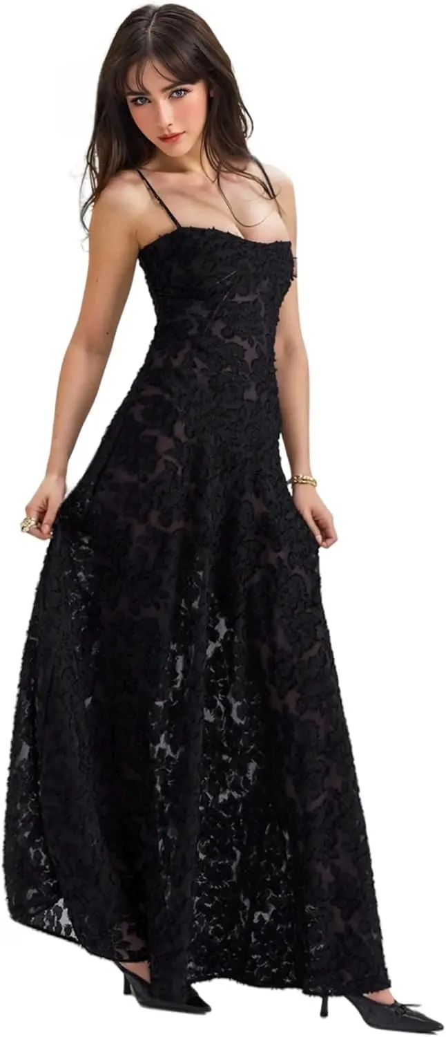 Floral Lace Sweetheart Neck Spaghetti Strap Maxi Dress