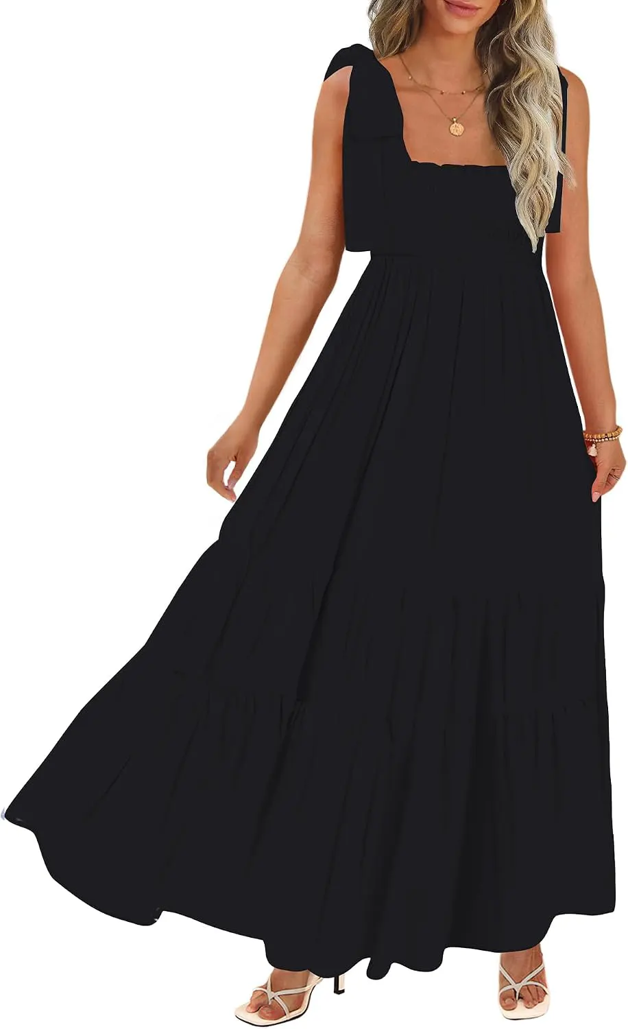 Boho Smocked Square Neck Tie Strap Maxi Sundress with Pockets