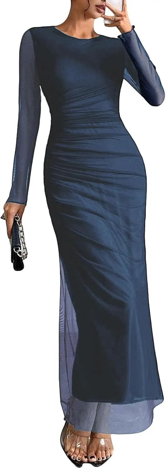 Women's Long Sleeve Tie Dye Mesh Maxi Dress - Ruched Bodycon Formal Wedding Guest Dress