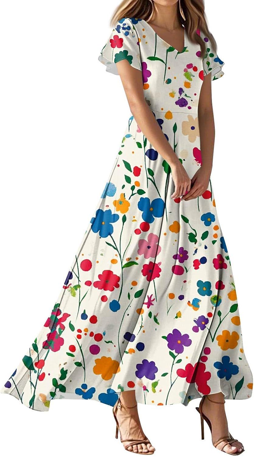 Floral Print Short Sleeve Maxi Dress - V Neck Loose Flowy Swing Beach Vacation Sundress