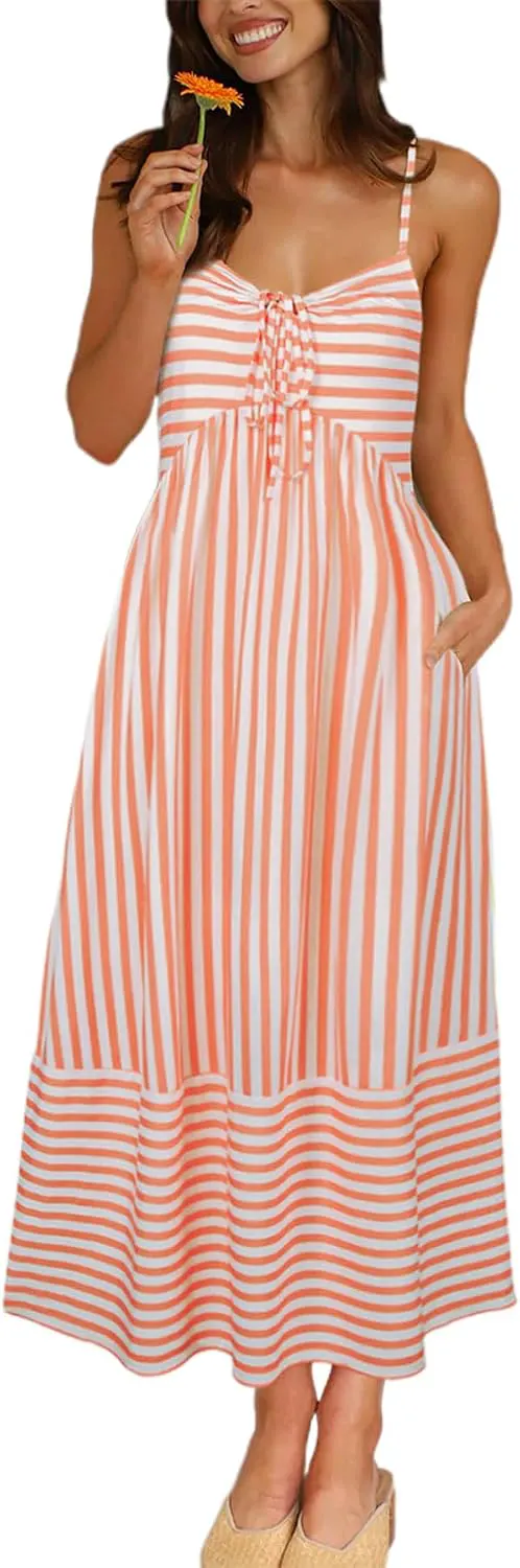Striped Tie Front Smocked Back Maxi Sundress with Pockets