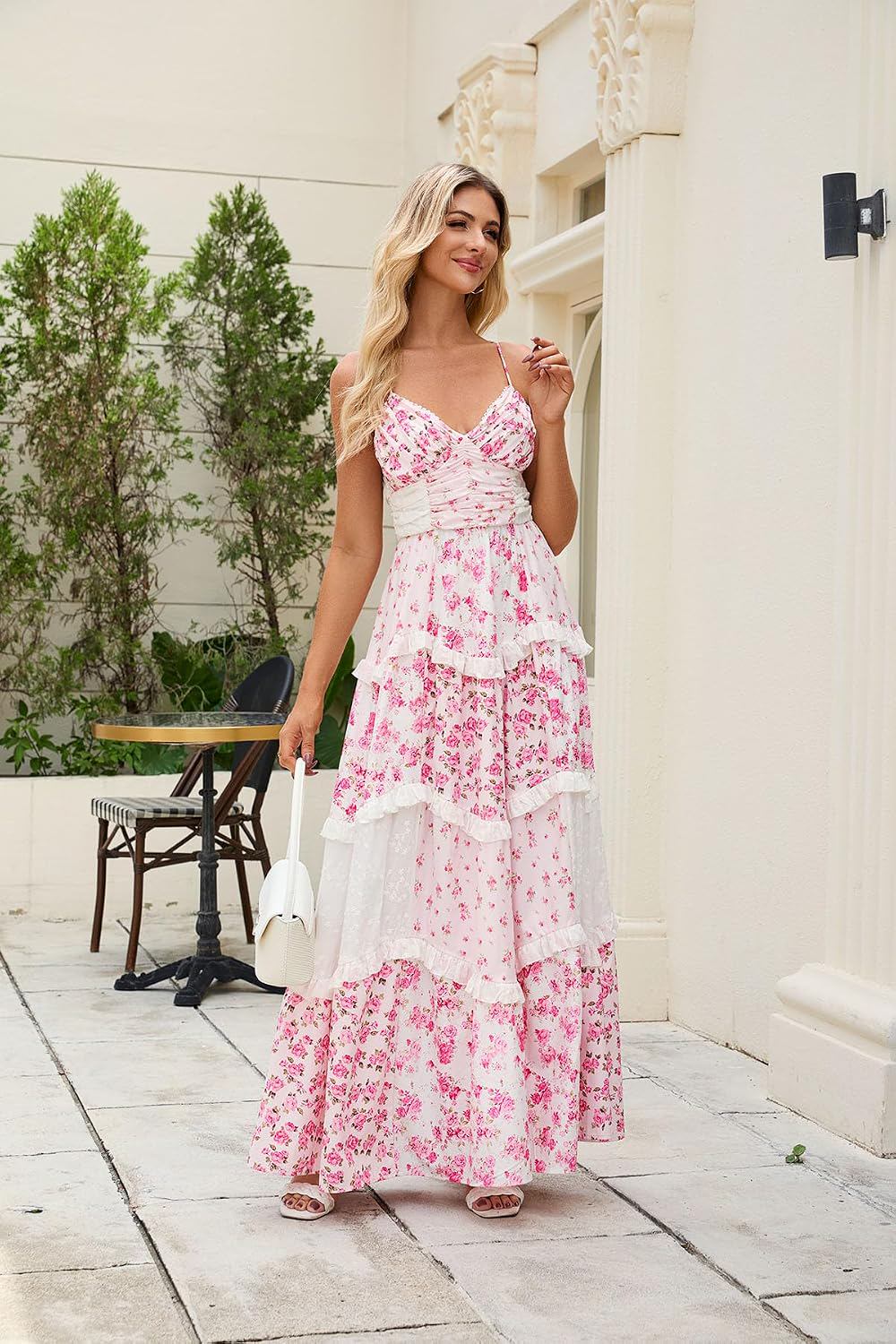 Floral Patchwork Cross Back Tiered Maxi Sundress