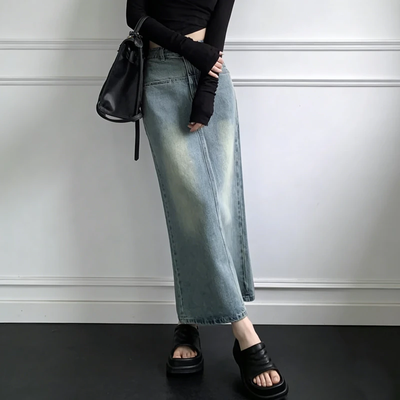 Retro Light Blue Distressed Denim High Waist Straight Cut Maxi Casual Streetwear Skirt