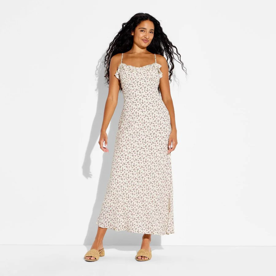 Floral Ruffle Trim Spaghetti Strap Maxi Slip Dress