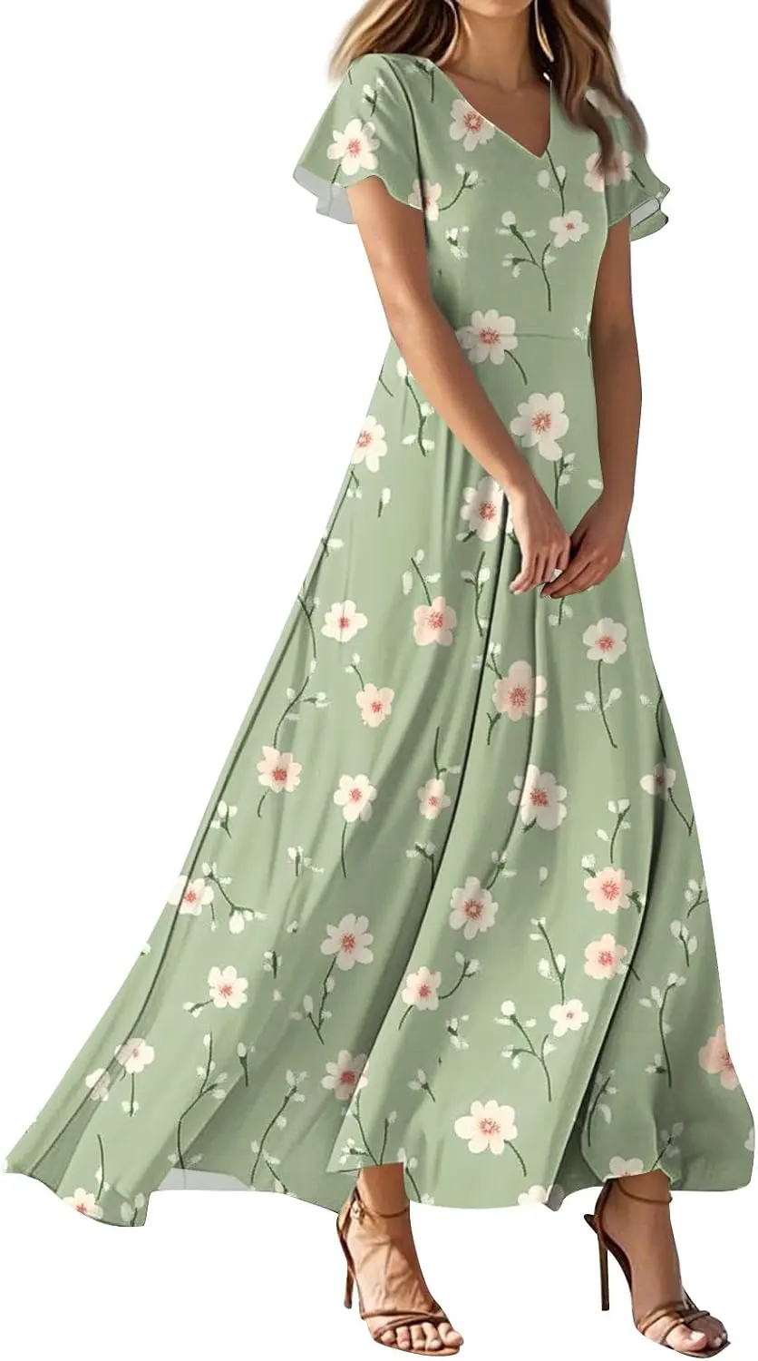 Modest Floral Maxi Dress - Short Sleeve V Neck Empire Waist Tiered Flowy Long Dress