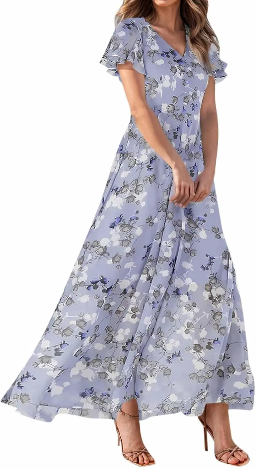 Floral Print Flutter Sleeve V Neck A-Line Maxi Dress