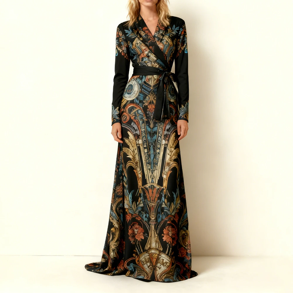 Custom Floral Dresses Printed -Neck Long Sleeve Floral Wrap Printed Clothing Long Dress Woman Pleated Casual Dress