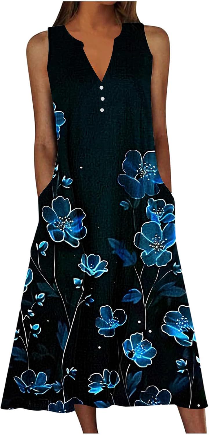 Vintage Floral Print Sleeveless V Neck Button Front Long Dress