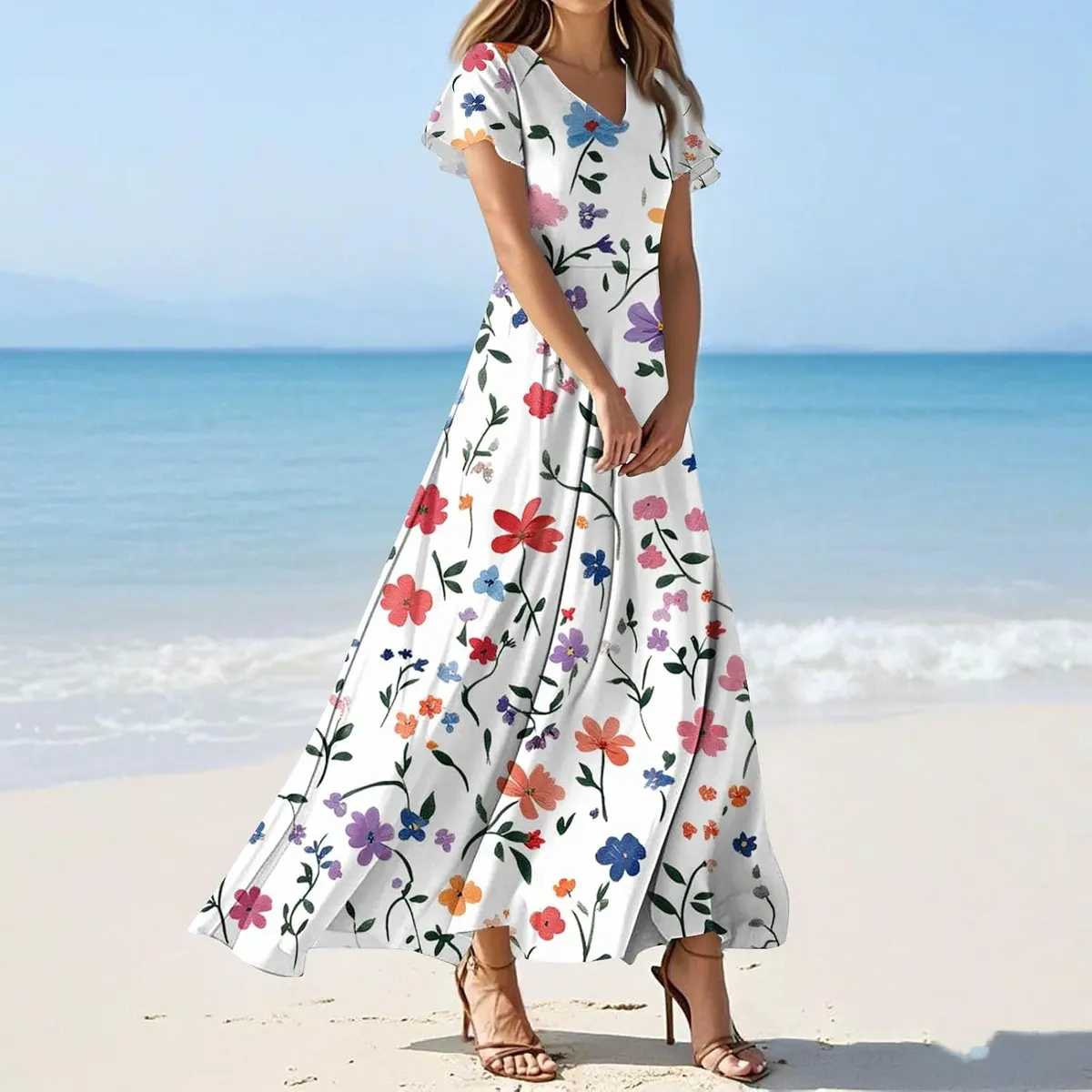 Floral Print Short Sleeve V Neck Swing Maxi Dress