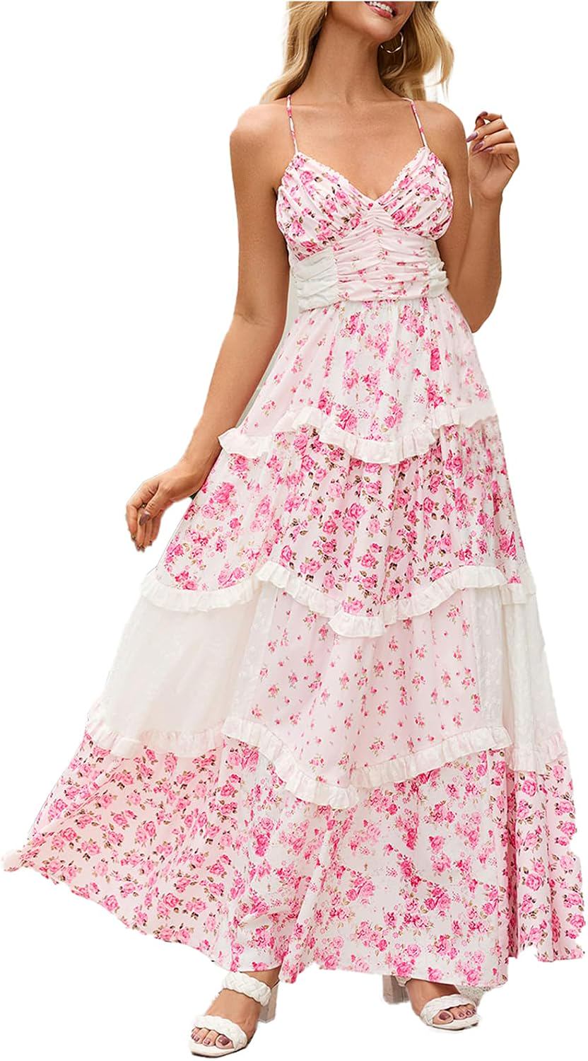 Floral Patchwork Cross Back Tiered Maxi Sundress