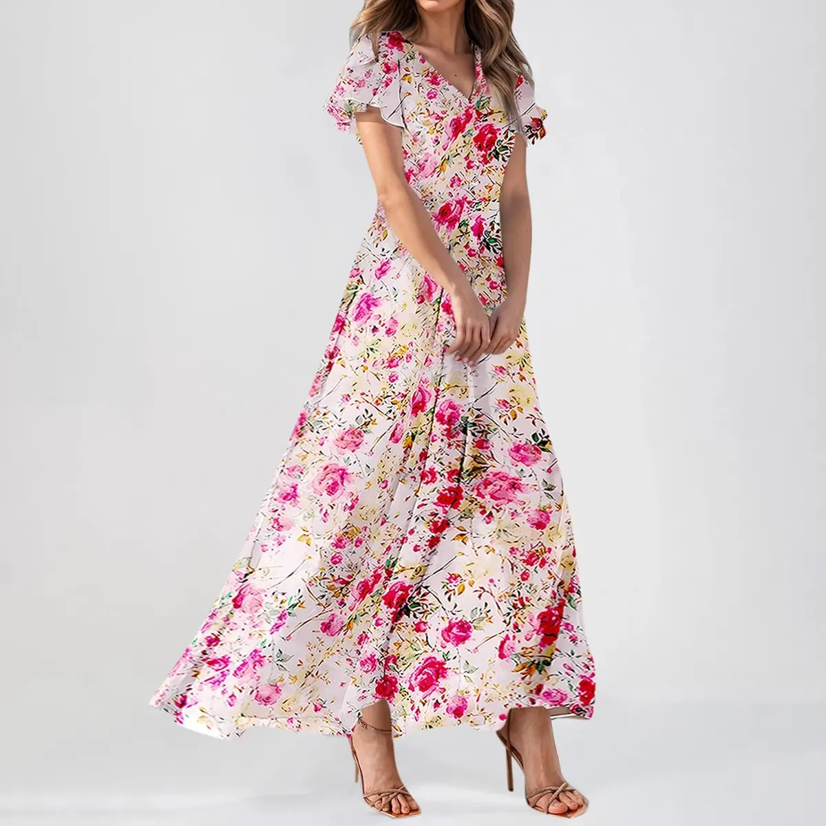 Floral Print Flutter Sleeve V Neck A Line Maxi Dress