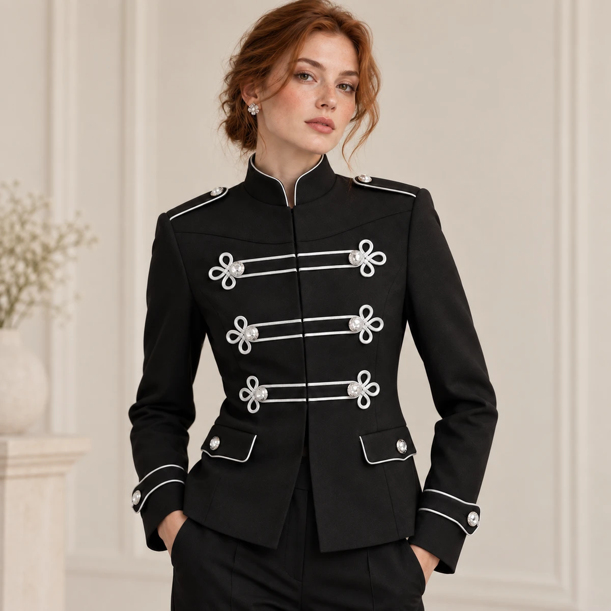 2026 Custom Women Fashion Jacket Stand Collar Slim Fit Black Blazer Silver Trim Epaulet Long Sleeve Wholesale Outerwear