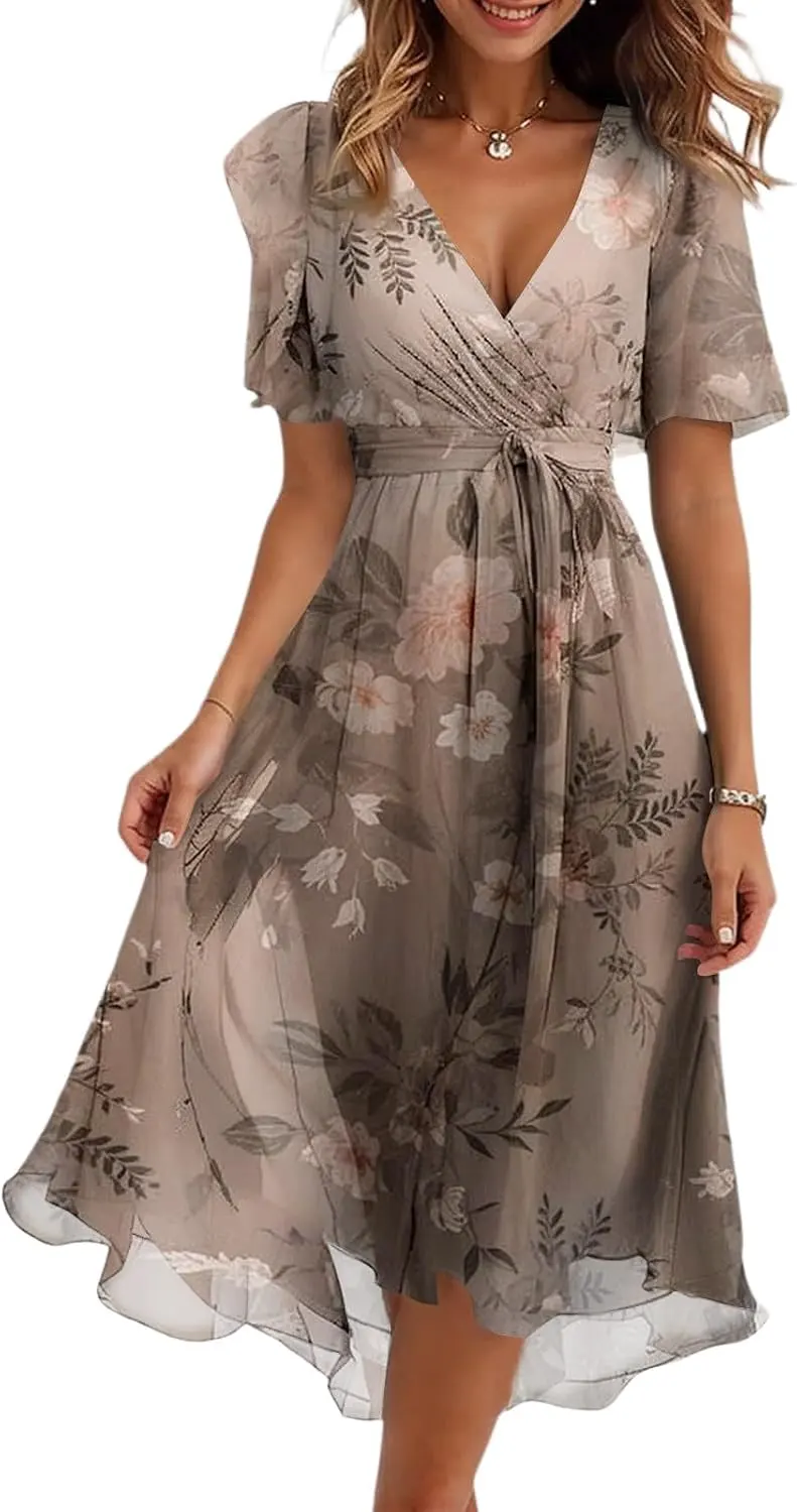 Boho Floral Print Chiffon Belted Midi Dress