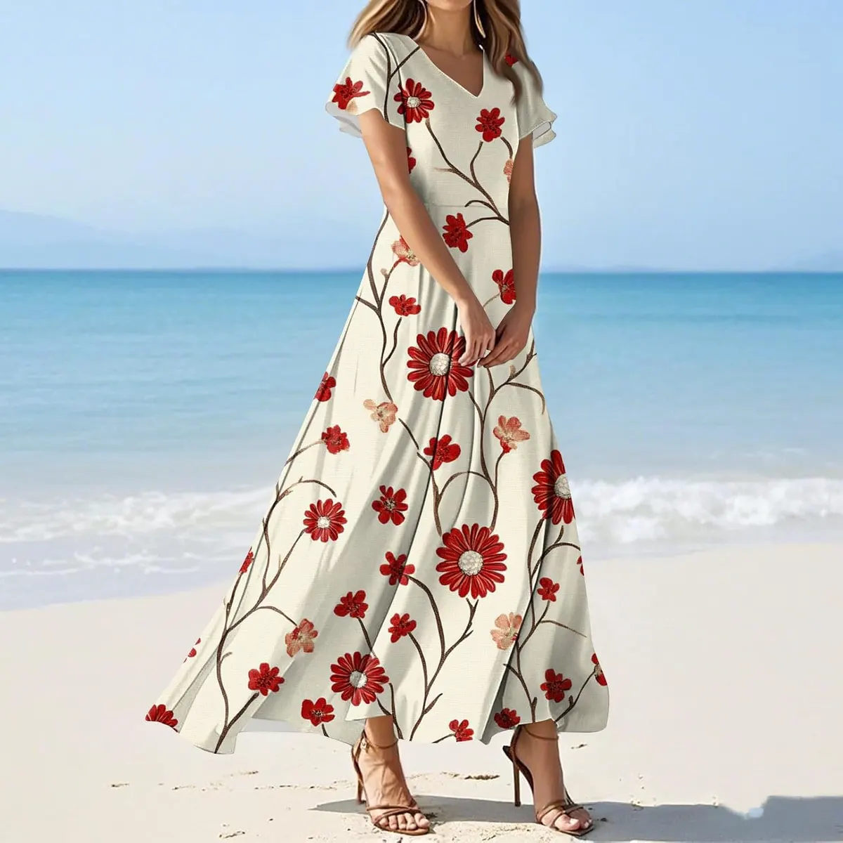 Modest Floral Print Empire Waist Short Sleeve Maxi Dress