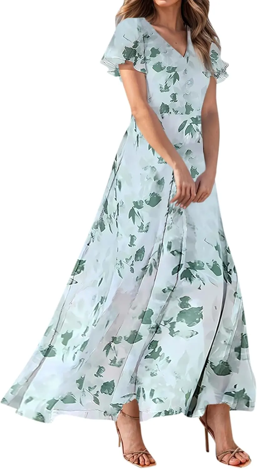 Floral Print Flutter Sleeve V Neck A-Line Maxi Dress