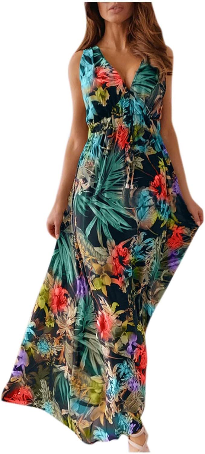 Boho Floral Print Maxi Dress - V Neck Wrap Chiffon Elastic Waist Flowy Hawaiian Beach Dress