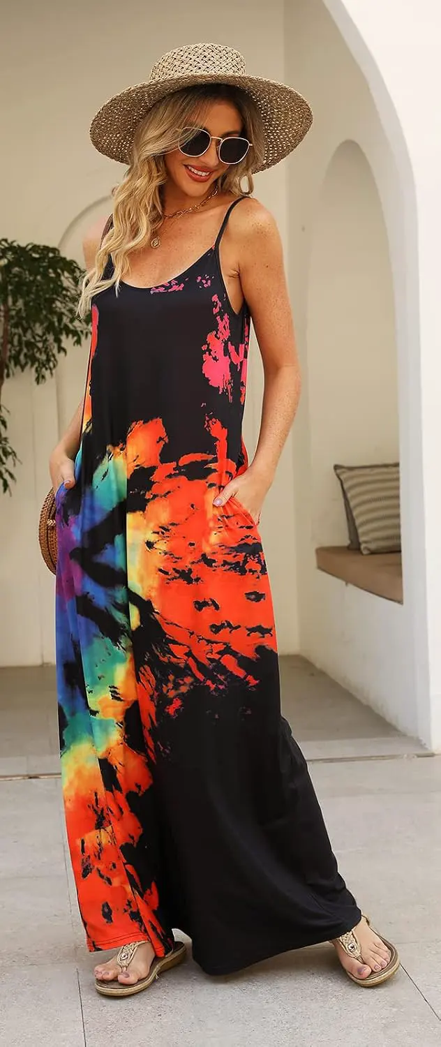 Floral Spaghetti Strap Maxi Dress with Pockets