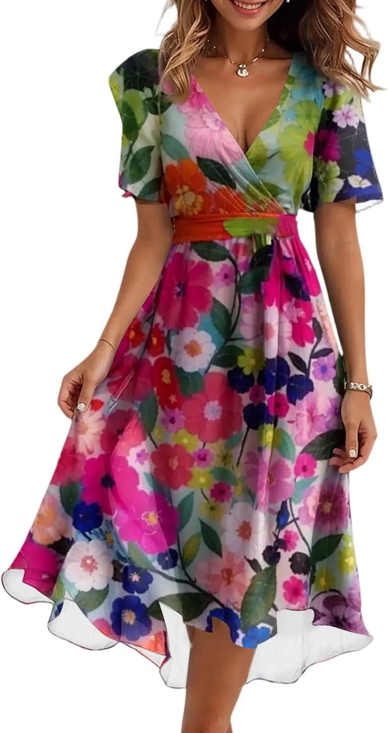 Boho Floral Print Chiffon V Neck Belted Midi Dress