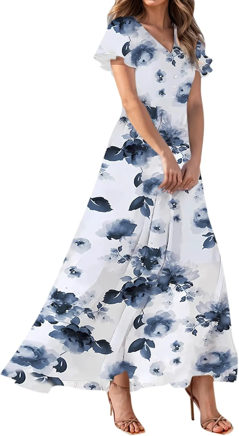 Floral Print Flutter Sleeve V Neck A-Line Maxi Dress