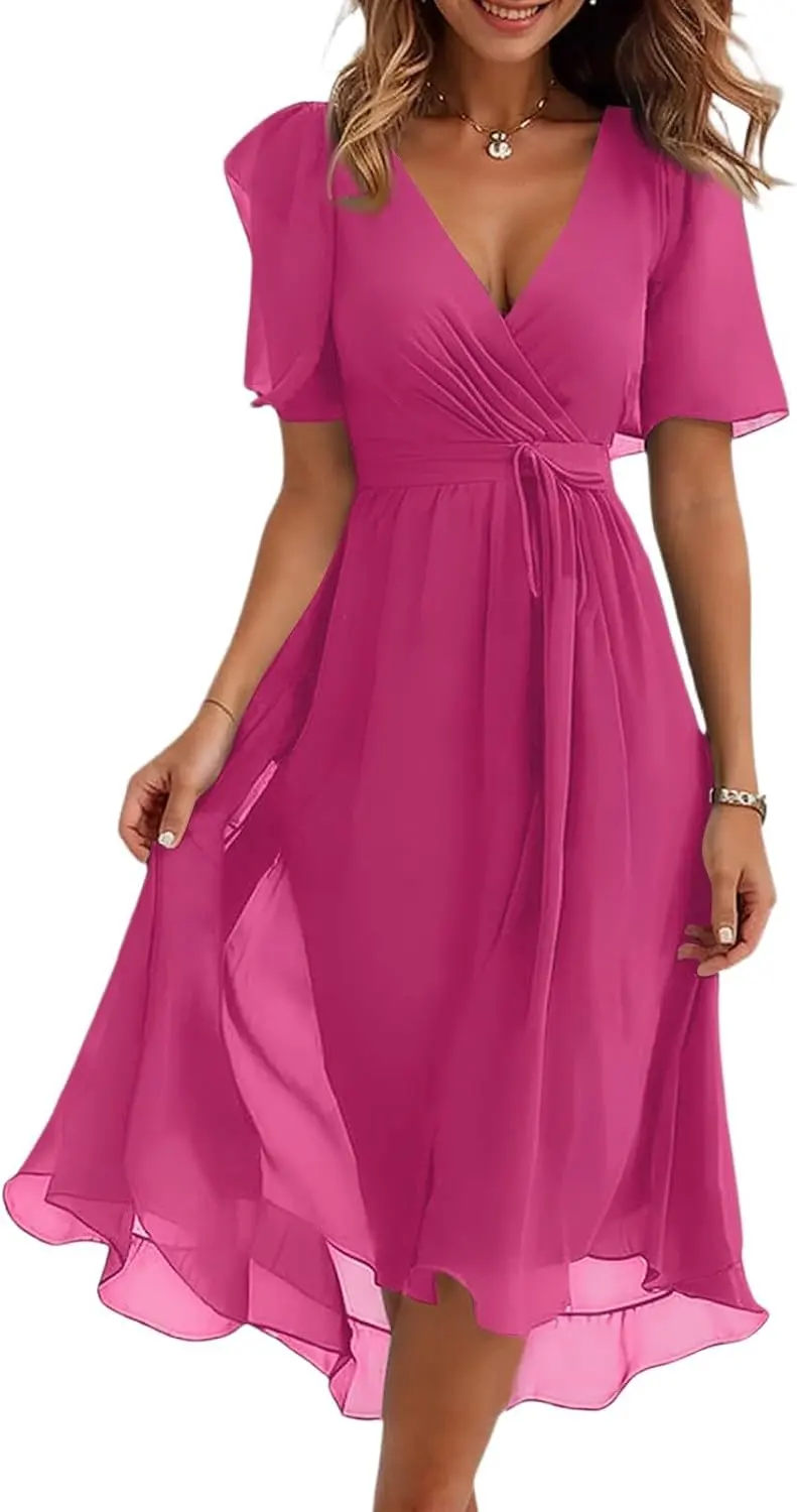 Boho Floral Print Chiffon V Neck Belted Midi Dress