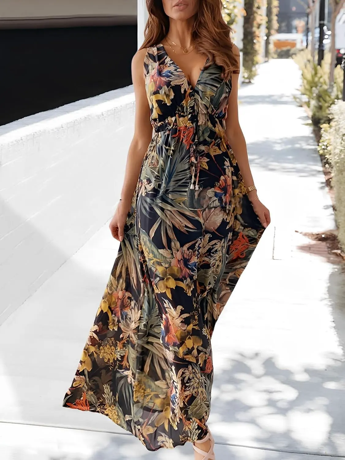 Boho Floral Print Backless Drawstring Waist Maxi Dress