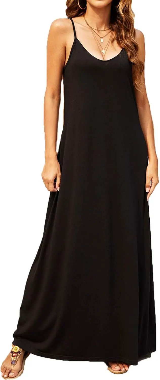 Women's Summer Floral Spaghetti Strap Maxi Dress - Casual V-Neck Sleeveless Boho Sundress with Pockets