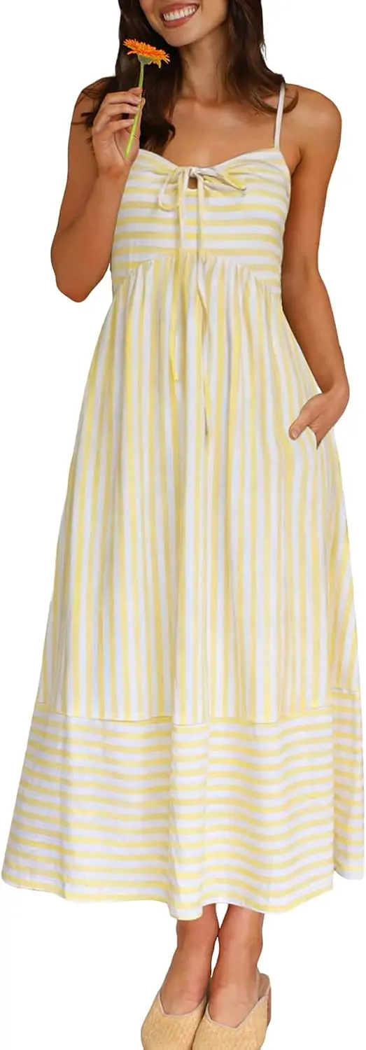 Striped Tie Front Smocked Back Maxi Sundress with Pockets