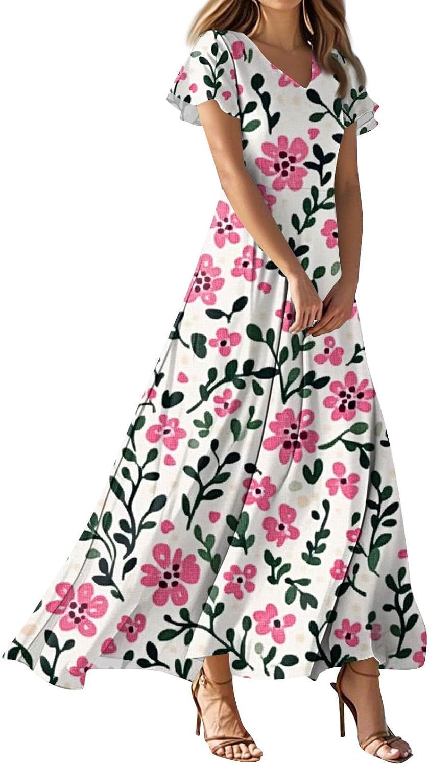 Floral Print Short Sleeve V Neck Flowy Swing Maxi Dress