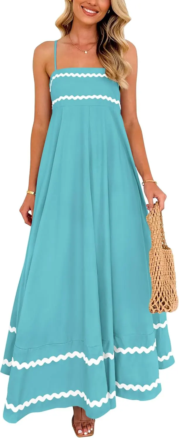 Women's Spaghetti Strap Boho Maxi Dress - Square Neck Ruffle Hem A-Line Cami Dress with Pockets