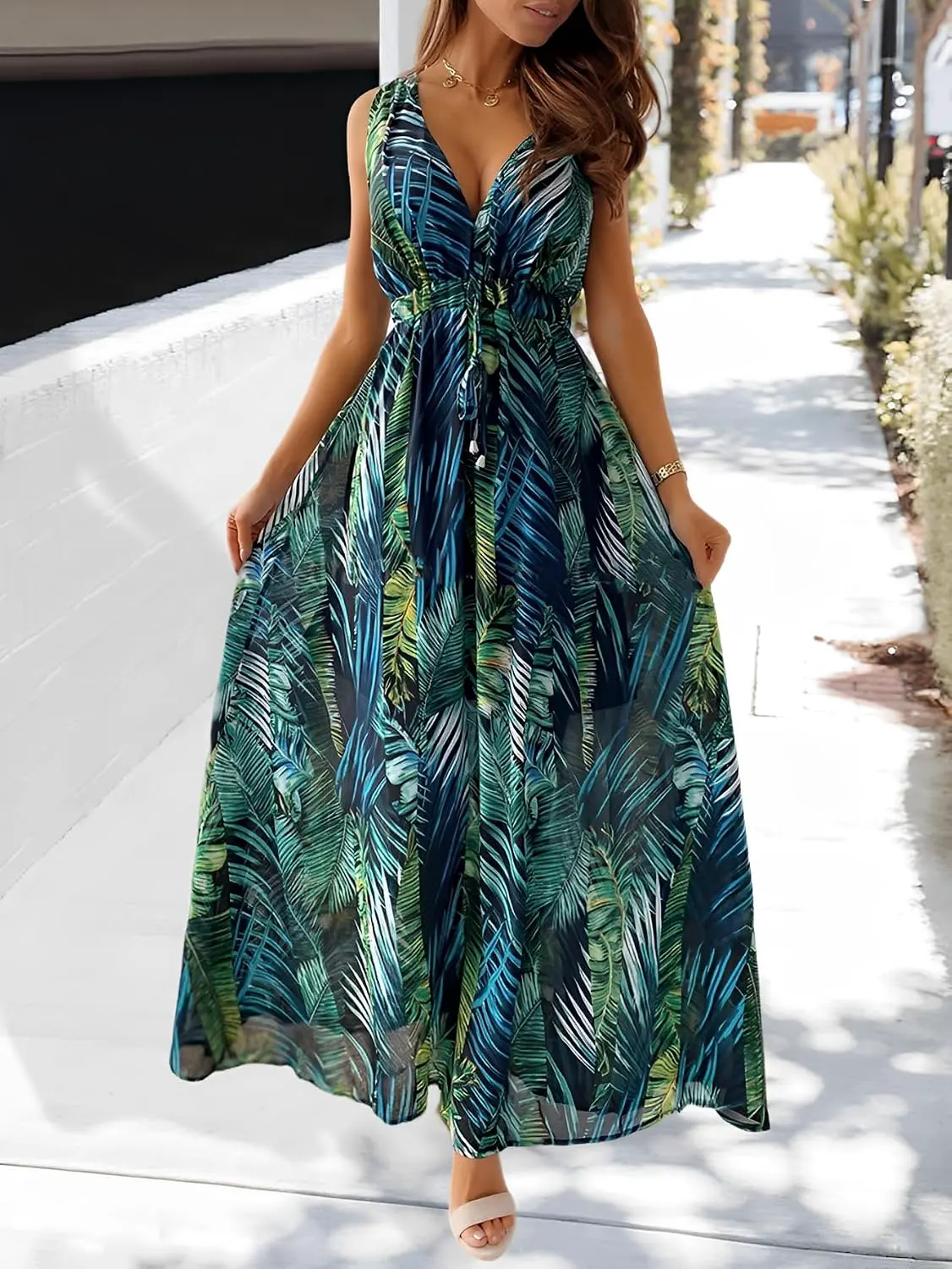 Boho Floral Print Backless Drawstring Waist Maxi Dress