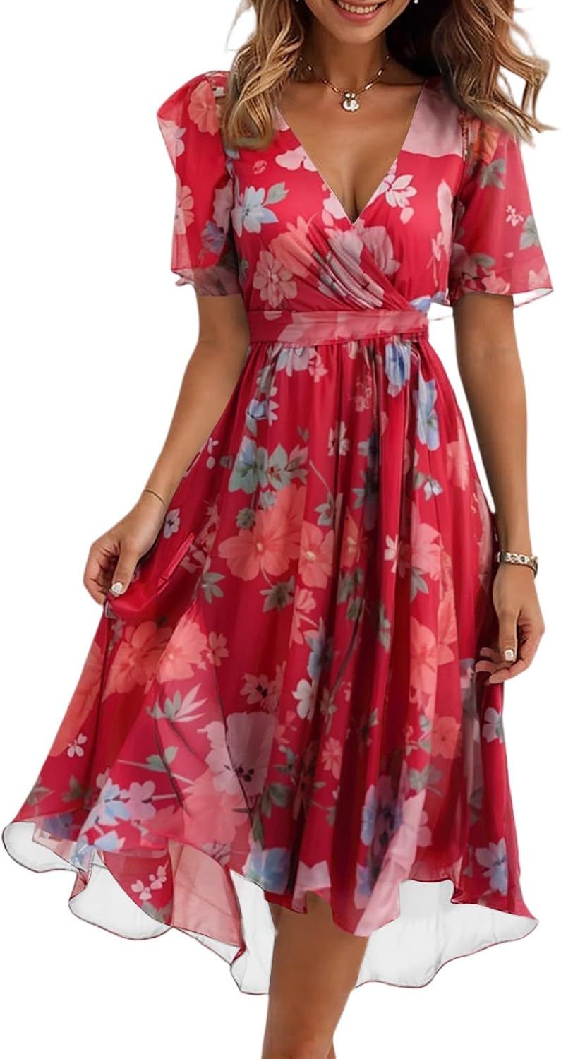 Boho Floral Print Chiffon V Neck Belted Midi Dress