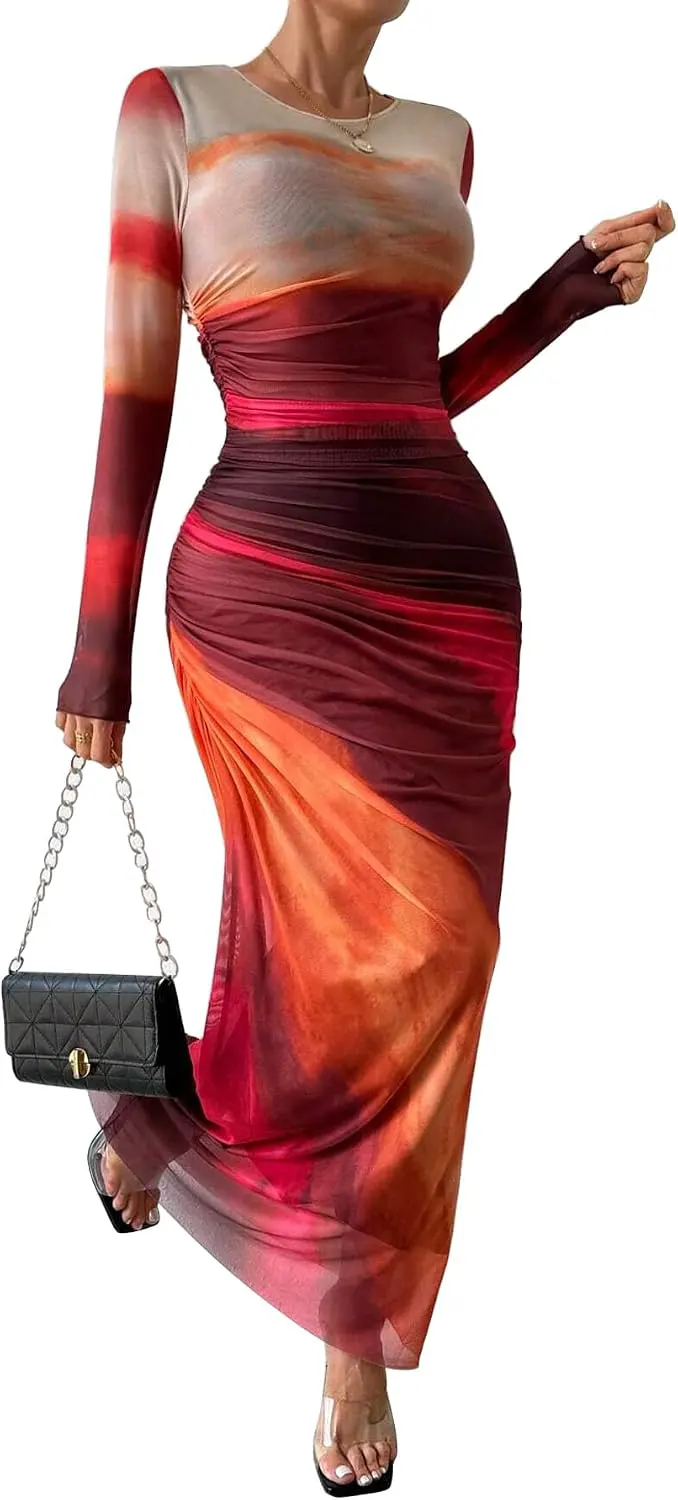 Long Sleeve Tie Dye Mesh Ruched Maxi Dress