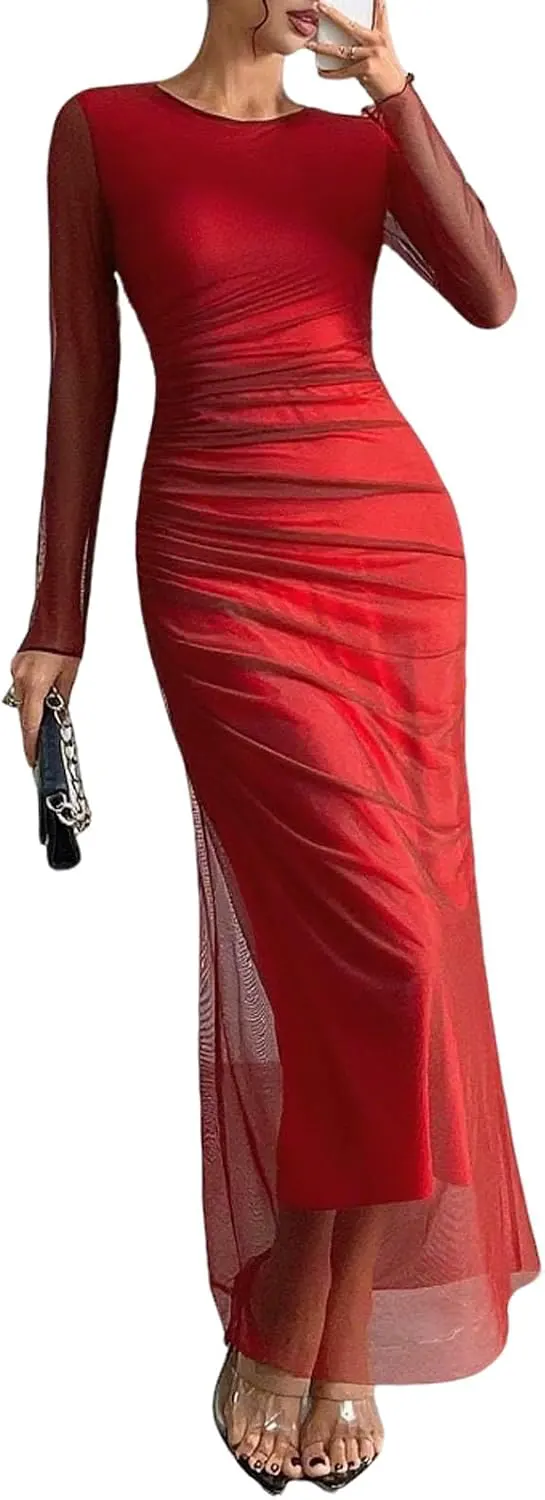 Long Sleeve Tie Dye Mesh Ruched Maxi Dress