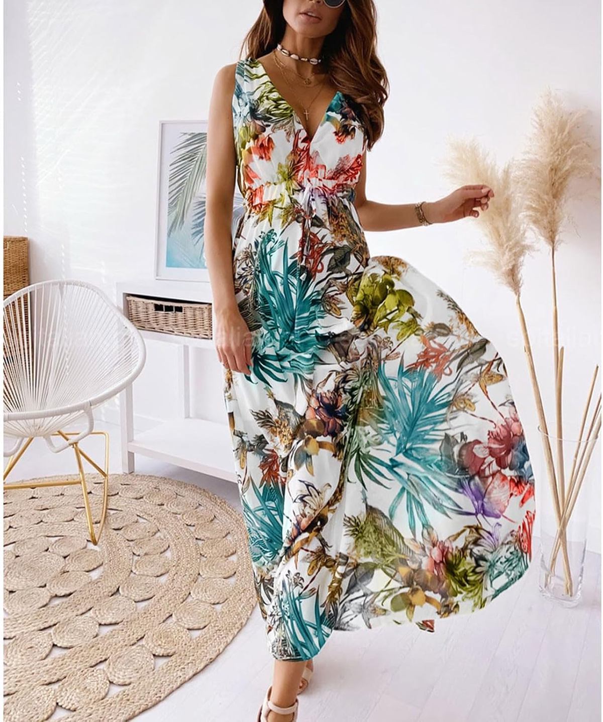 Boho Floral V Neck Wrap Chiffon Maxi Dress