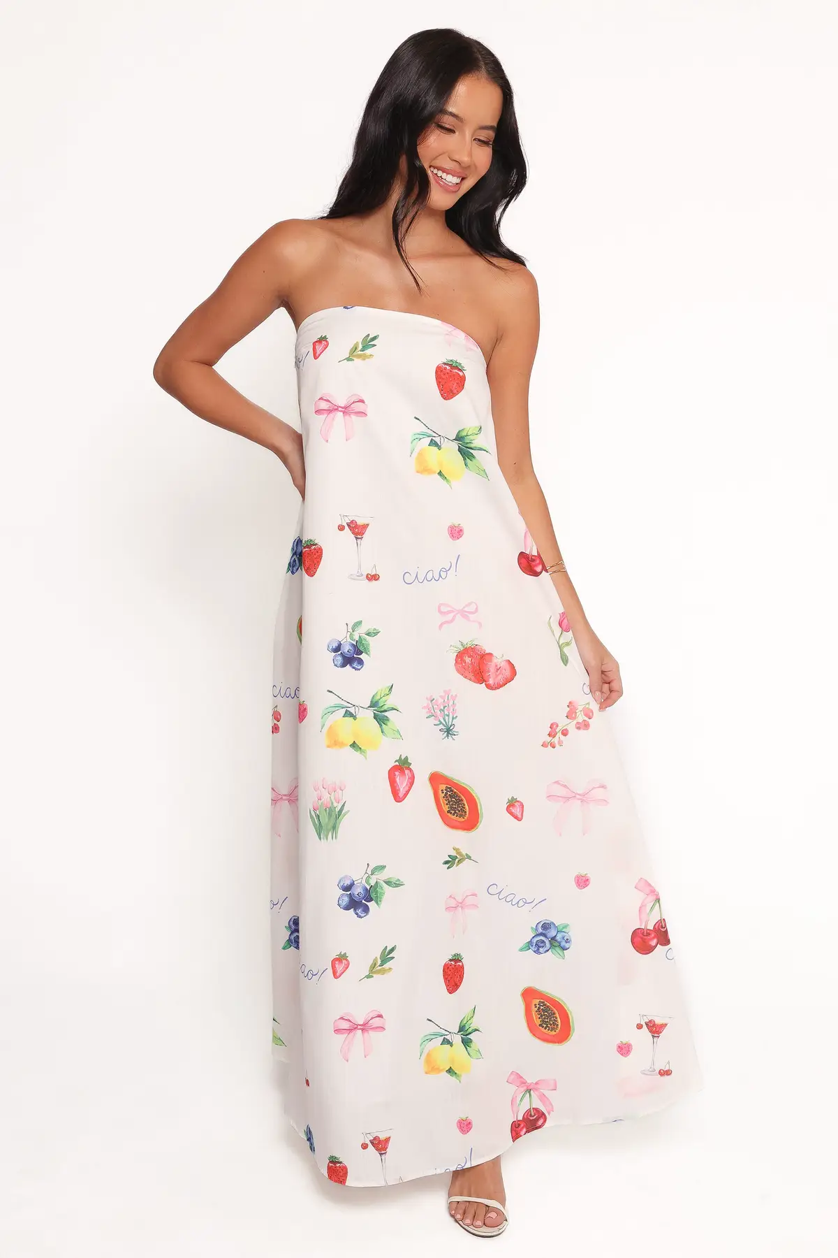 Strapless Bow Print Maxi Dress - Straight Neck Lined Woven Summer Sundress